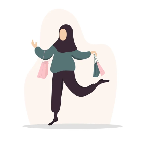 Жінка купує. Щаслива арабська дівчина несе сумки. Векторна мультяшна ілюстрація ізольована на білому тлі. Шаблон просування та продажу . — стоковий вектор