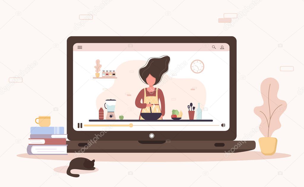 Cooking school. Online culinary master class. Girl preparing homemade meals for lunch or dinner. The chef teaches to cook. Learning at home. Flat cartoon vector illustration.