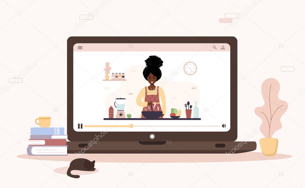 Cooking school. Online culinary master class. African girl preparing homemade meals for lunch or dinner. The chef teaches to cook. Learning at home. Flat cartoon vector illustration.