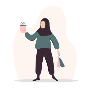Kadın alışverişi. Çantalar ve hediyeler taşıyan mutlu Arap kız. Vektör karikatür çizimi beyaz arkaplanda izole edildi. Terfi ve satış şablonu.