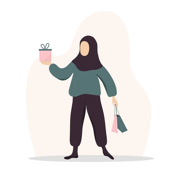 Kvinnlig shopping. Glad arabflicka med väskor och presenter. Vektor tecknad illustration isolerad på vit bakgrund. Mall för marknadsföring och försäljning. — Stock vektor