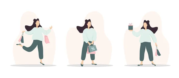 Žena nakupuje. Šťastná dívka s taškami a dárky. Vektorové kreslené ilustrace izolované na bílém pozadí. Šablona propagace a prodeje. — Stockový vektor