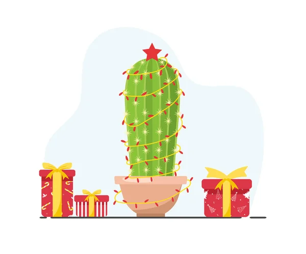 Leuke cactus met bloemenslingers en cadeautjes. Feliz navidad. Vrolijk kerstfeest. Vector illustratie in platte stijl. Ontwerp voor wenskaarten of webbanner. — Stockvector