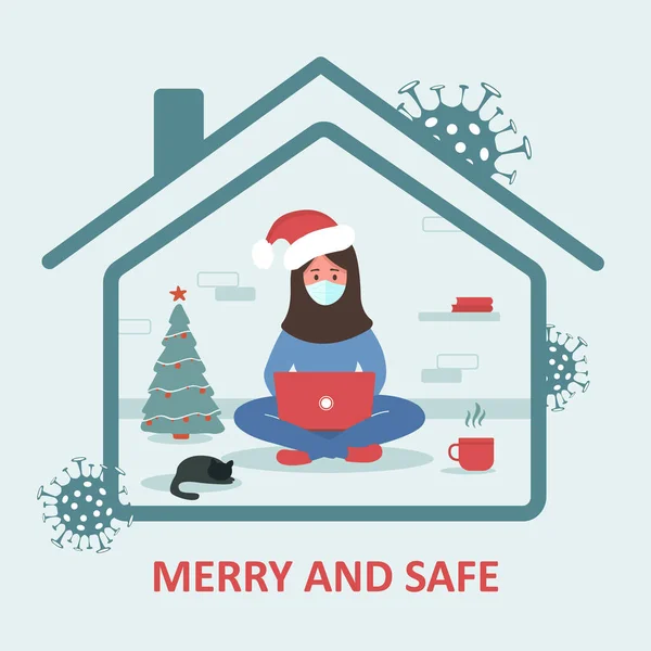 メリーと安全な休日。家に座ってクリスマスを祝うラップトップ付きのサンタの帽子のアラブ人女性。隔離か隔離か。コロナウイルスを得ることへの恐怖。トレンディーなフラットイラスト. — ストックベクタ