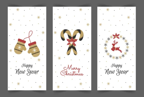 Modelo de histórias de Natal. Fundos verticais de mídia social. Design de Ano Novo em estilo escandinavo bonito. Cervos de Natal, pirulitos e mitenes para o design de seus posts. — Vetor de Stock