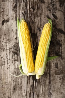 Koçan üzerine olgun, tatlı, taze mısır. Kahverengi rustik ahşap masa üzerinde üst görünümü. V Harfi.