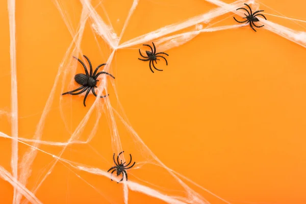 Фон Хэллоуина с паутинкой и пауками в качестве синонимов Хэллоуина на оранжевом фоне. Счастливого Хэллоуина. Рамка. Копирование пространства . — стоковое фото