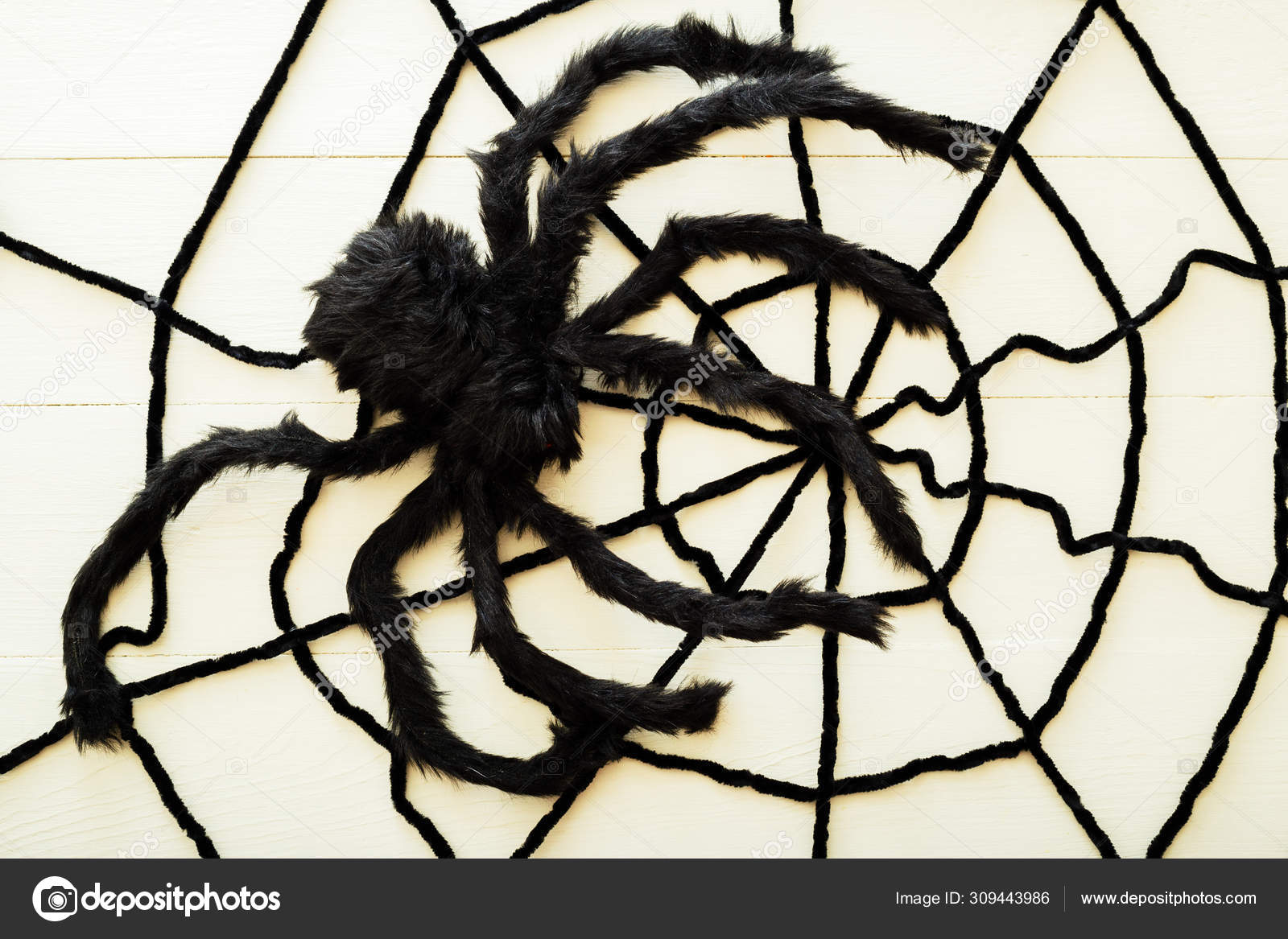 Giant Spider On A Web On A White Wooden Background Halloween