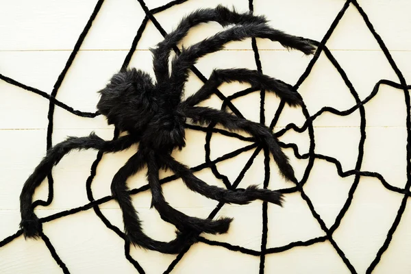 Гигантский паук на белом деревянном фоне. Концепция украшения Хэллоуина. Плоская кладка, вид сверху, копировальное пространство . — стоковое фото