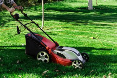 Bahçede yeşil çim biçen elektrikli çim biçme makinesinin yanında bahçıvan. Bahçe çim biçme. İşçi adam çim biçti. Arka bahçe bakım kavramı.
