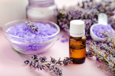 Lavanta esanslı cam şişe düşürücü ve pembe arkaplanda menekşe deniz tuzu. Taze lavanta çiçekleri. Aromaterapi tedavisi. Cilt bakımı kozmetik ürünleri, eczacı lavanta bitkisi.