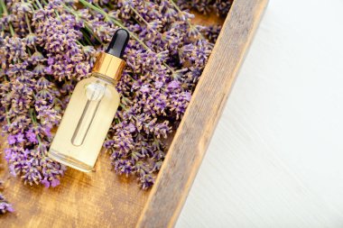 Lavanta Serum, cam damlacıklarda taze lavanta çiçekleri üzerinde gerekli yağ. Lavanta kozmetik. Güzellik ürünleri. Düz yerde aromaterapi tedavisi için eczane bulunuyordu. Boşluğu kopyala
