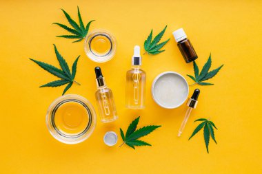 CBD yağı, kenevir tentürü, kenevir kozmetik ürünleri. Kenevirli cilt bakımı için. Alternatif tıp, farmasötik tıbbi esrar. Kenevir yağı çeşitleri, sarı arka planda serum yağı..
