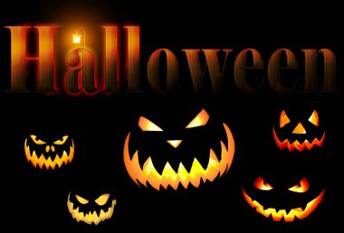 Cadılar Bayramı balkabaklarının korkunç parlayan gözleri ve dişleri. 