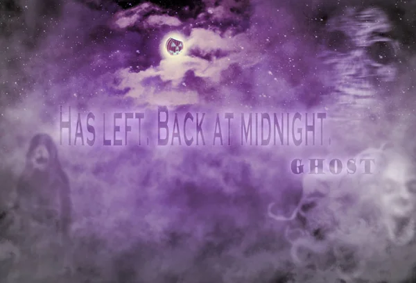 Starry night sky with a purple moon in the form of a terrible pumpkin. Purple light from a creepy pumpkin on Halloween night . Creepy ghosts in the fog. Transparent luminous inscription 