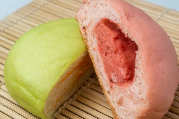Japanese Snack - Colorful Melon Pan on rattan mat