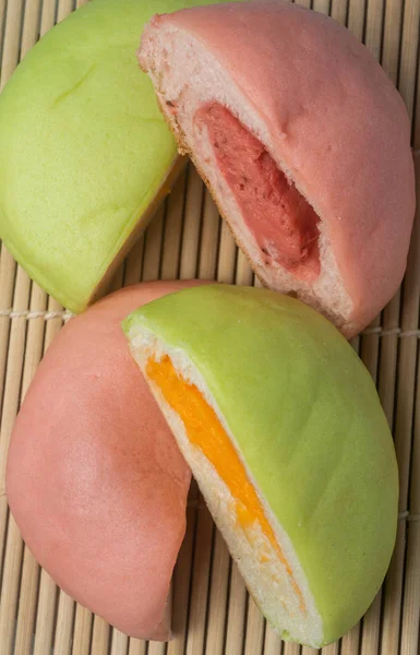 Japanese Snack - Colorful Melon Pan on rattan mat — Stock Photo, Image