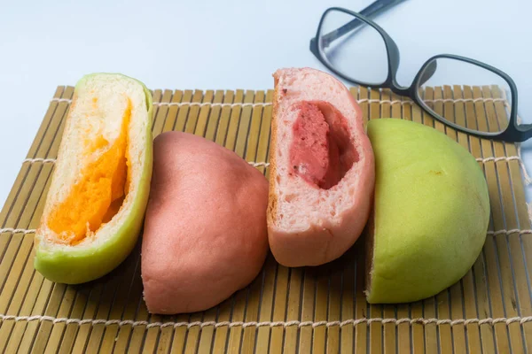 Japanese Snack - Colorful Melon Pan on rattan mat — Stock Photo, Image