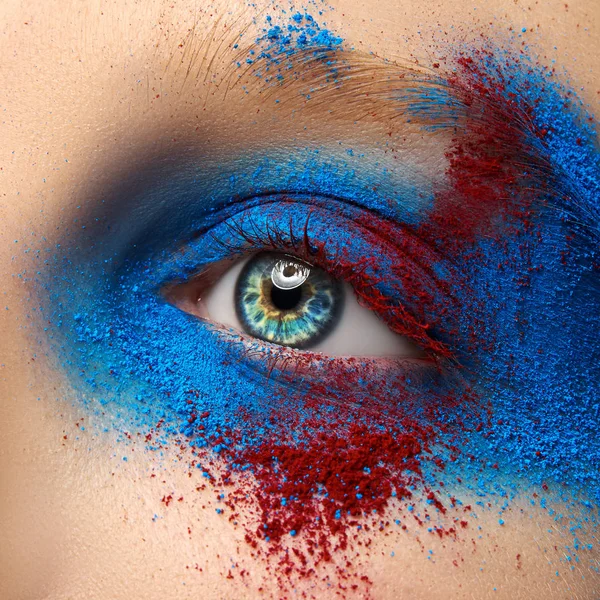 Macro Close Creative Make Theme Beautiful Female Eye Blue Red — Stock Photo, Image