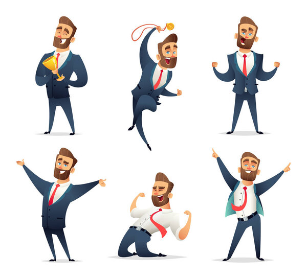 Collection of successful charming businessman  character in different dynamic poses. Business men rejoice in success. Manager enjoys the victor.