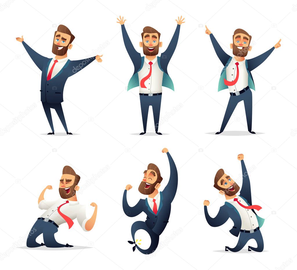 Collection of successful charming businessman  character in different dynamic poses. Business men rejoice in success. Manager enjoys the victor.