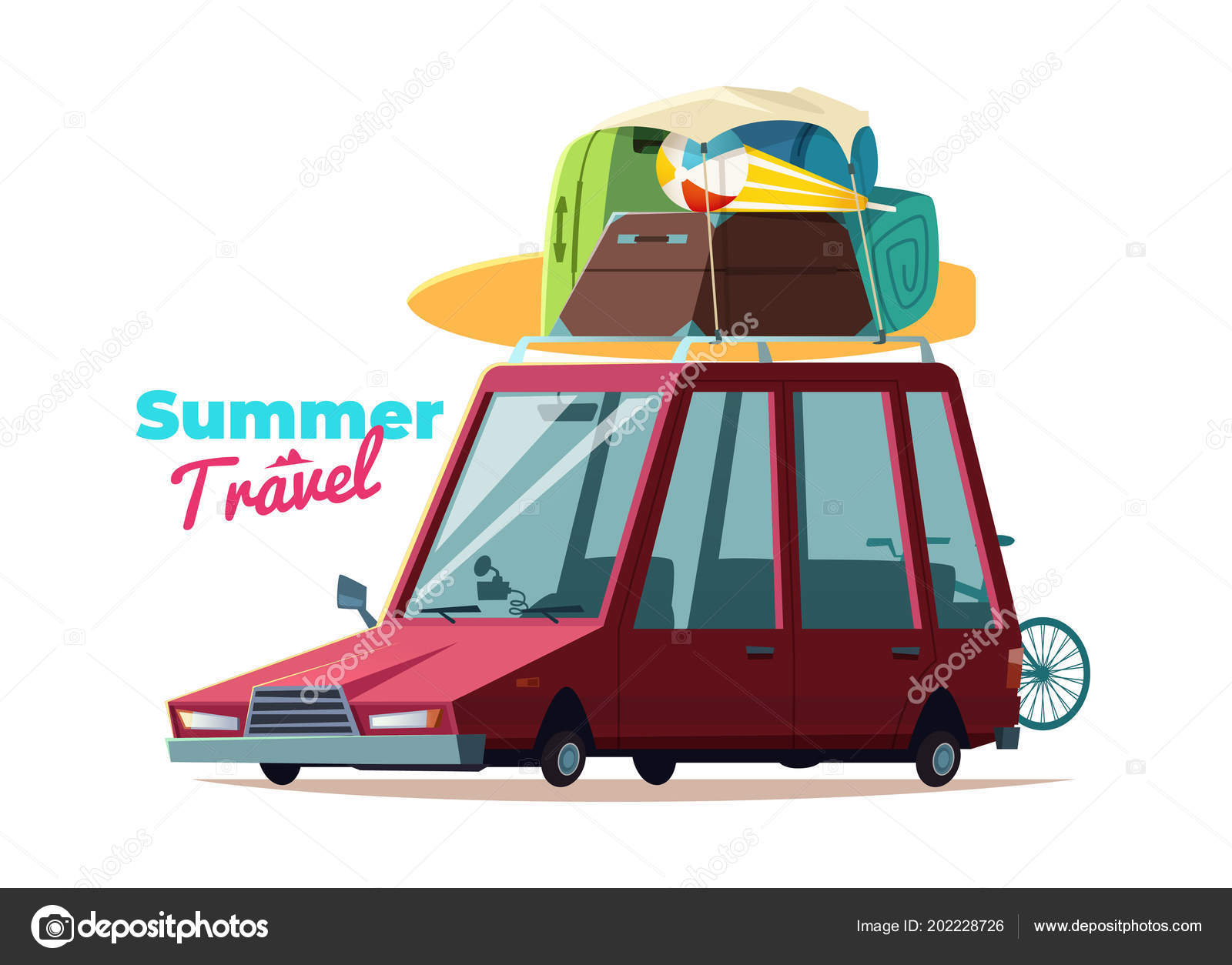 Summer travel car. Cartoon vector concept illustration. Family vacation.  Stock Vector Image by ©DemianVS #202228726