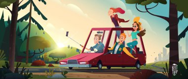 Bir araba ile şehir için doğa genç mutlu insanlar. Öğrenci tatil kavramı. Güzel yaz manzara. 