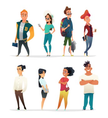 Karakter büyüleyici genç insanlar topluluğu. Karikatür tarzı farklı ülkelerden gelen öğrenciler. Vektör cok kullanışlı.