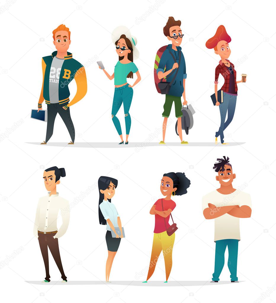 Characters collection of charming young people. Students of different nationalities in cartoon style. Vector designe.