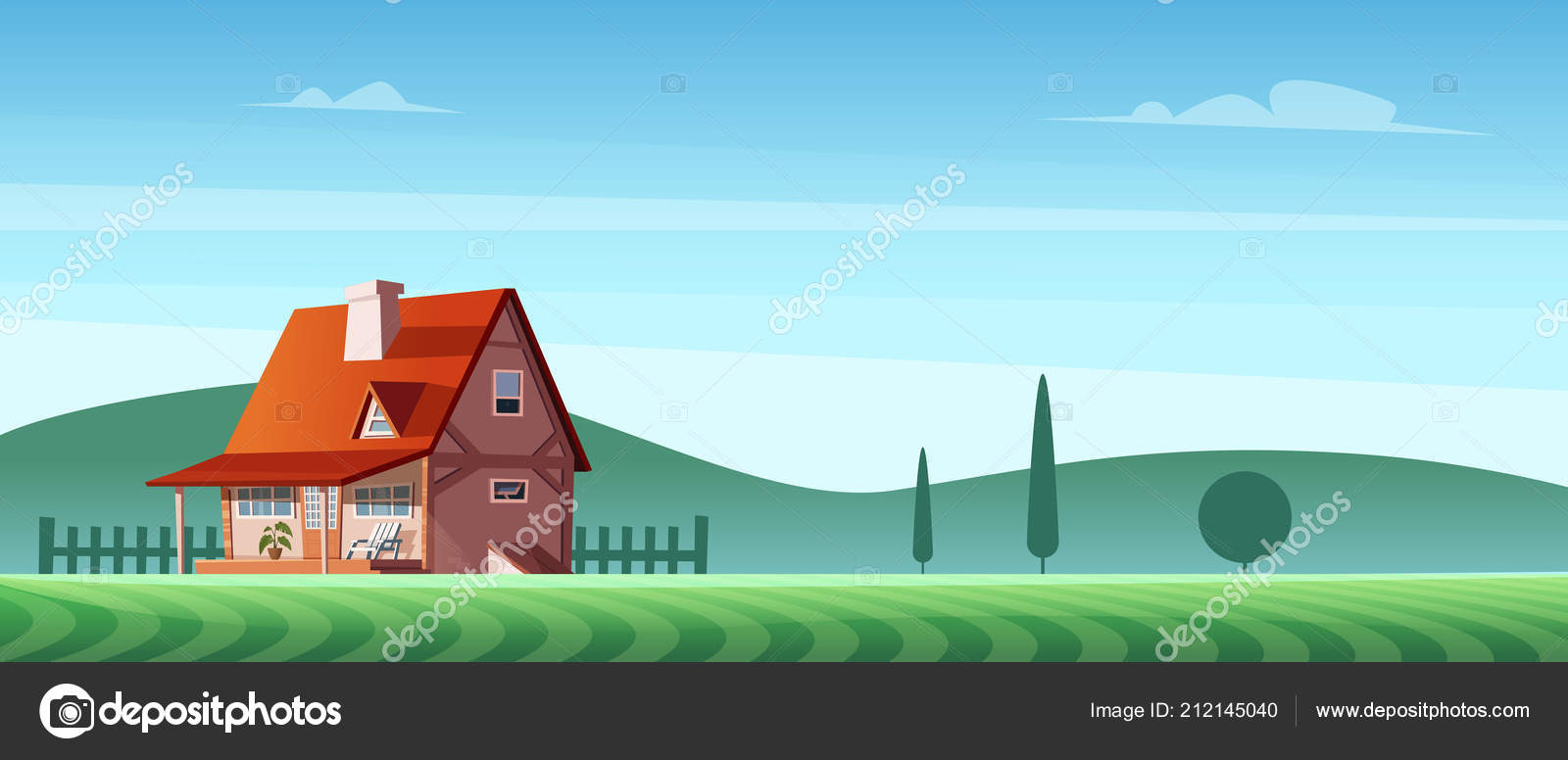Colorful countryside landscape with a beautiful village house. Rural location. Cartoon modern vector illustration Stock Vector Image by ©DemianVS #212145040 Colorful countryside landscape with a beautiful village house. Rural location. Cartoon modern vector illustration Stock Vector Image by ©DemianVS #212145040