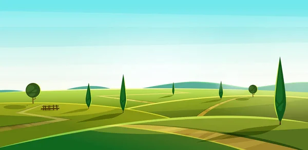 Cesta na kopcích. Letní krajina. Pohled na venkově údolí. Krásná zelená pole a louky, hory a modrá obloha — Stockový vektor