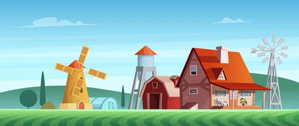 Paysage rural coloré avec une belle maison de village. Situation rurale. Champ de blé. Paysage agricole . — Image vectorielle