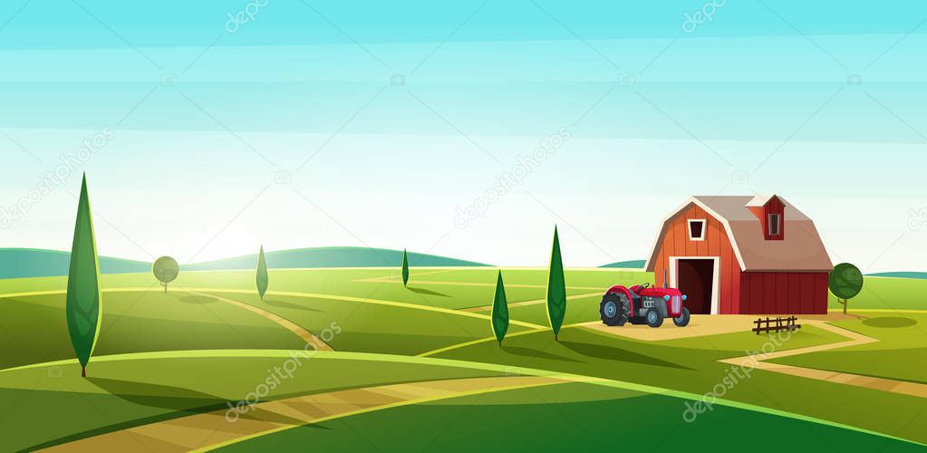 Colorful countryside landscape with a barn and tractor on the hill. Rural location. Cartoon modern vector illustration