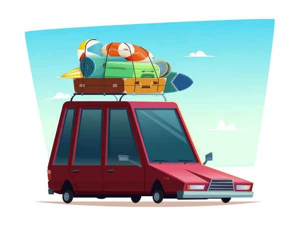 Desenhos Animados Ilustração Retro Moderna Viajar Carro Acampamento Verão —  Vetores de Stock