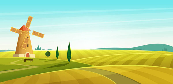 Farm landscape, windmill on field, Rural countryside. Cartoon modern style vector illustration