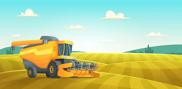 Ländliche Sommerlandschaft mit Mähdrescher Landmaschinen, die goldene reife Weizenfelder ernten — Stockvektor