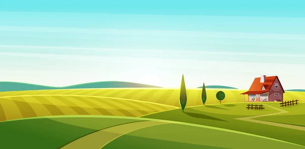 Venkovská krajina s domem vesnice na zelené louky a pole, žito — Stockový vektor