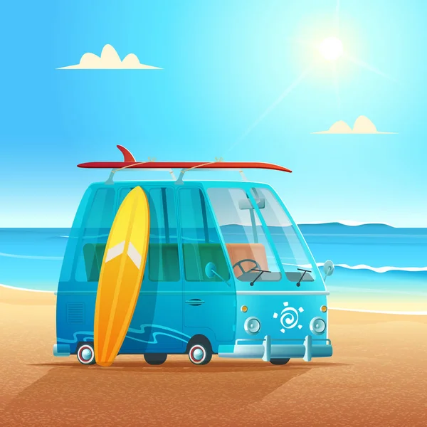 Surf busz a homokos strandon. Nyári szörfös nyaralás vektor rajzfilm illusztráció — Stock Vector