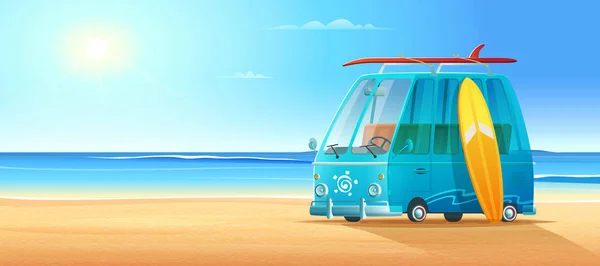 Surf busz a homokos strandon. Nyári szörfös nyaralás vektor rajzfilm illusztráció — Stock Vector