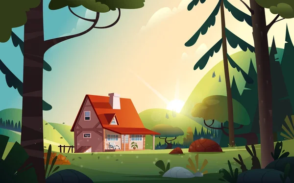 Landhuis in het bos. Boerderij op het platteland. Huisje tussen de bomen. Cartoon vector illustratie — Stockvector