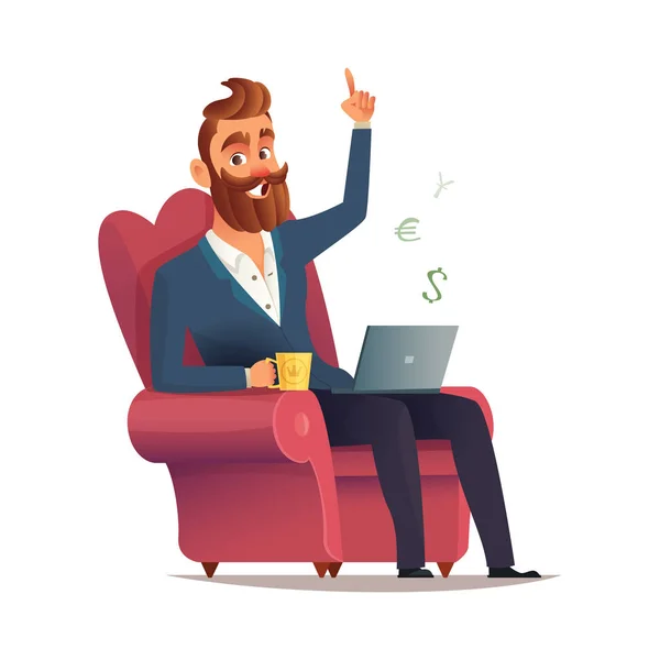 Freelancer site in a chair and earn money. Home office workplace. Hipster bearded freelancer working remotely from his laptop. — Stock Vector