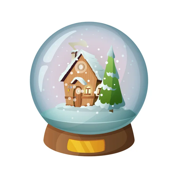 Bola de cristal de nieve de dibujos animados con casa de Navidad en el interior. Ilustración vectorial — Vector de stock