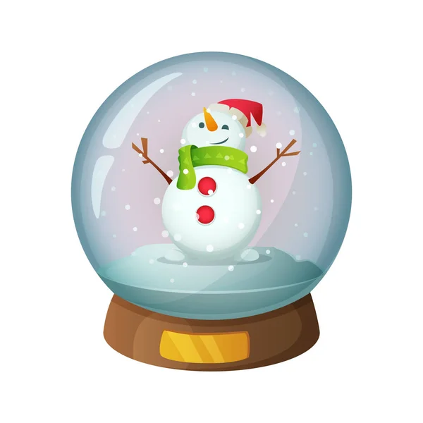 Bola de cristal de nieve de dibujos animados con muñeco de nieve de Navidad dentro. Ilustración vectorial — Archivo Imágenes Vectoriales