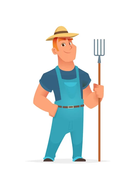 Фермер стоїть і тримає сільськогосподарський інструмент або сільськогосподарську виделку . — стоковий вектор