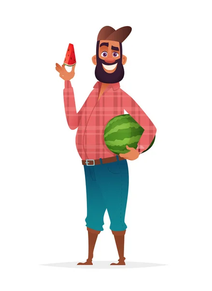 Chifull contadino azienda fetta di anguria. Illustrazione del design del carattere . — Vettoriale Stock