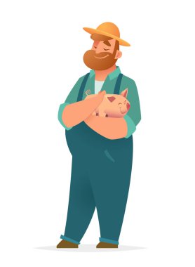 Oldery çiftçi bir domuzcuk kollarında tutar. Karakter modern tasarım