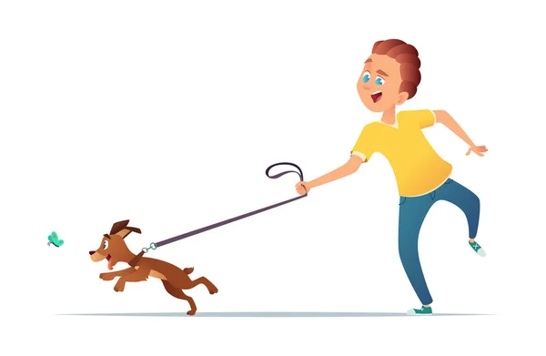 Ragazzo che cammina con un cane. Amicizia del bambino e del cane. Illustrazione vettoriale . — Vettoriale Stock