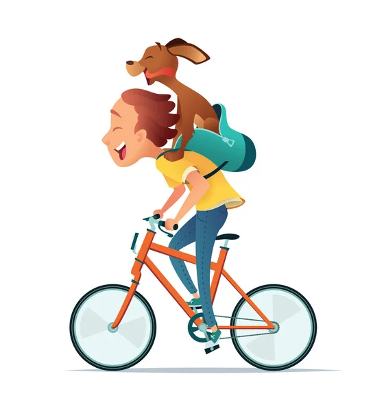 Boy riding a bicycle with a dog. Friendship of the child and the dog. Vector illustration. — Stock Vector