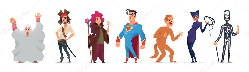 People in costumes for Halloween. Character design for a happy Halloween party. Vector illustration.