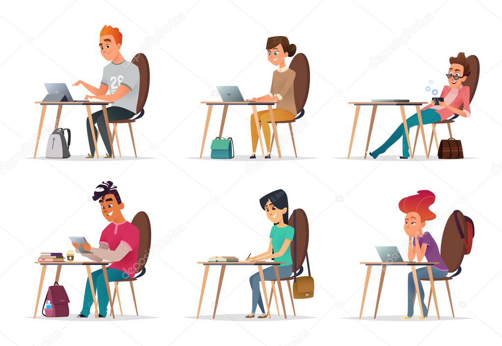 Young people sit at their desks. Situations in the classroom or at the university. Modern vector illustration. Character design.